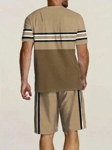 Men's Striped Casual Versatile Printed Round Neck Short Sleeve T-Shirt And Drawstring Waist Shorts Set, Spring/Summer - Khaki - View 3