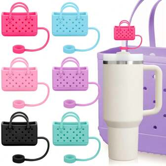 1pc/6pcs Straw Cap (Beach Bag Style)Suitabl E For Water Cups 30oz And 40oz, Dustproof Silicone Straw Caps, Reusable Straw Cover For 10mm (0.4in) Straws, Cup Accessories