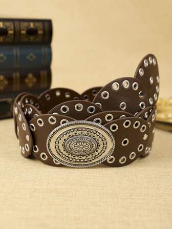 1 pieza Cinturón de mujer de color café con hebilla redonda de PU, hebilla con estilo bohemio floral, versátil para uso casual, fiesta, uso diario en verano, escuela en otoño, otoño, Halloween