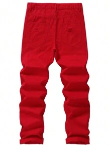 Men's Ripped Non-Stretch Regular Fit Straight-Leg Denim Pants Jeans - 紅色 - 查看 2