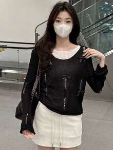 2-In-1 Color Block Distressed Semi-Sheer Knitted Sweater With Bow Decor, Cropped Top - Black and White - View 5