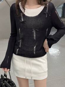 2-In-1 Color Block Distressed Semi-Sheer Knitted Sweater With Bow Decor, Cropped Top - Black and White - View 1