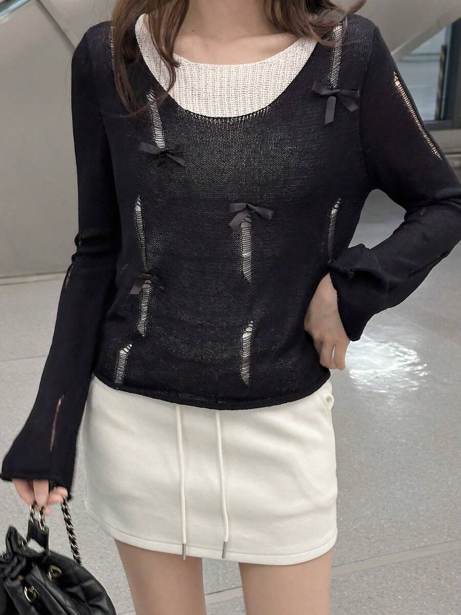 2-In-1 Color Block Distressed Semi-Sheer Knitted Sweater With Bow Decor, Cropped Top - Black and White - View 1