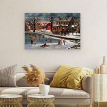 Winter Ice Skating Village Scene Canvas Art, Festive Family Gathering Theme Decoration, Printed Canvas Artwork, Suitable For Bedroom, Dining Room, Living Room, Office Wall Decoration - Framed - View 3