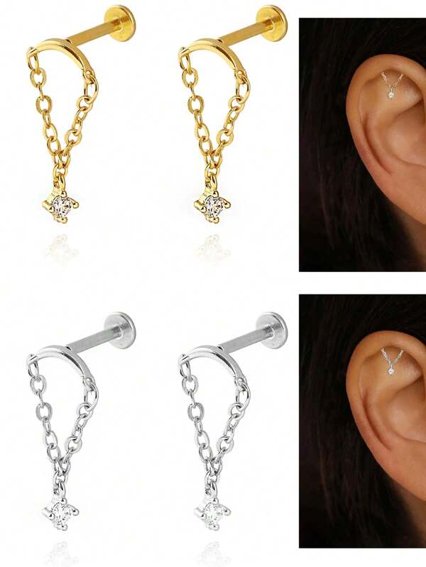 CIZME 2 chiếc khuyên tai xỏ lỗ xoắn ốc nhỏ cho phụ nữ bằng thép không gỉ vàng bạc, khuyên tai phẳng, khuyên tai xoắn ốc ẩn, khuyên tai đính đá không gây dị ứng, trang sức