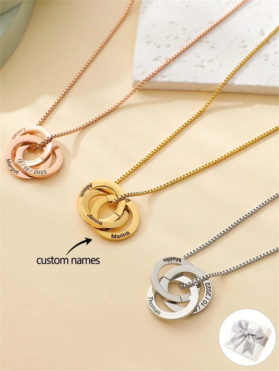 1 pieza Collar con 3 aros grabados con nombre, regalo en caja, collar personalizado de varios nombres con aros rusos, collar personalizado con nombres de familia/amistad para mujer, regalo para el Día de la Madre, regalo para la abuela, regalo de cumpleaños - Dorado - Ver 1