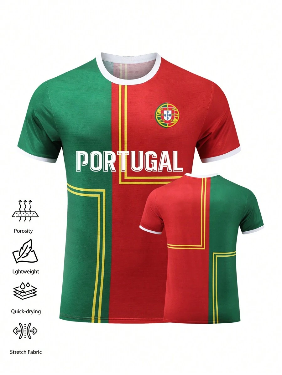 春夏透气快干葡萄牙 7 号足球球衣，GOAT 男款撞色足球衫，弹力吸湿排汗运动上衣，适合休闲外出、跑步锻炼和酒吧派对