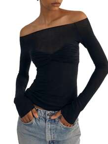 Womens Off Shoulder Tops, Long Sleeve Ruched Bust Solid Color Slim Fit T-Shirts - Black - View 1