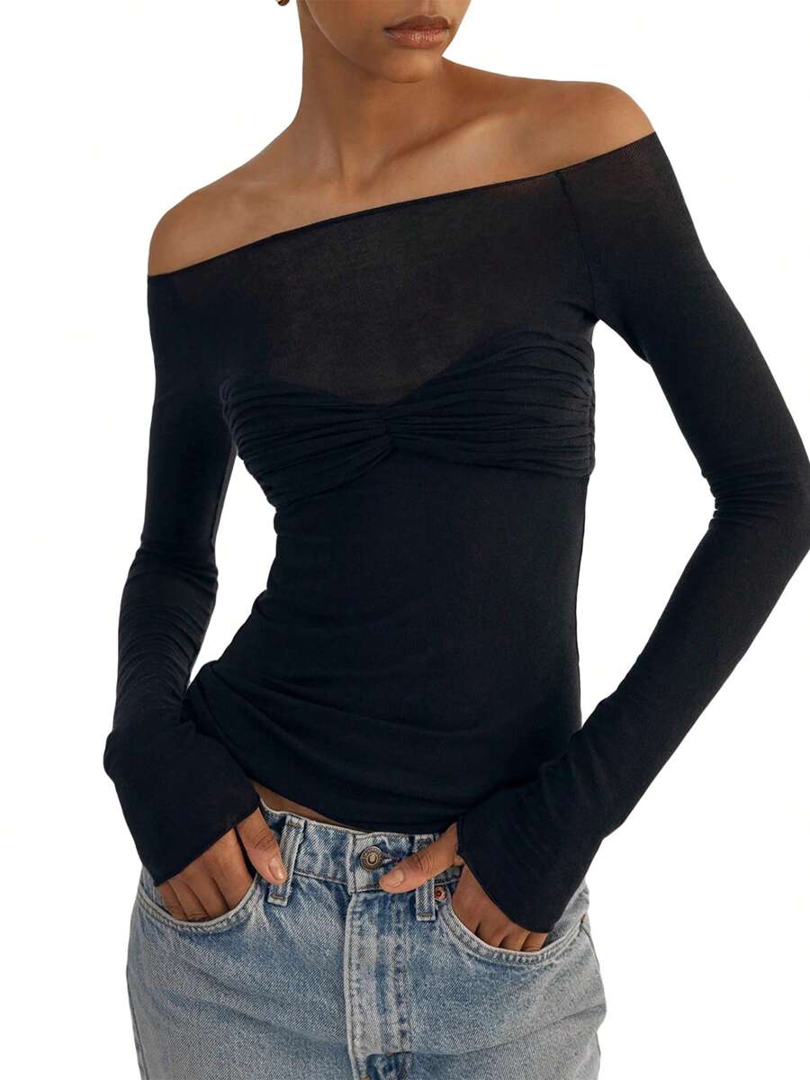 Womens Off Shoulder Tops, Long Sleeve Ruched Bust Solid Color Slim Fit T-Shirts - Black - View 1