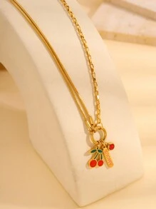 1 件彩色时尚不锈钢多配件樱桃项链，颜色搭配，个性化展示，适合日常佩戴/节日礼物