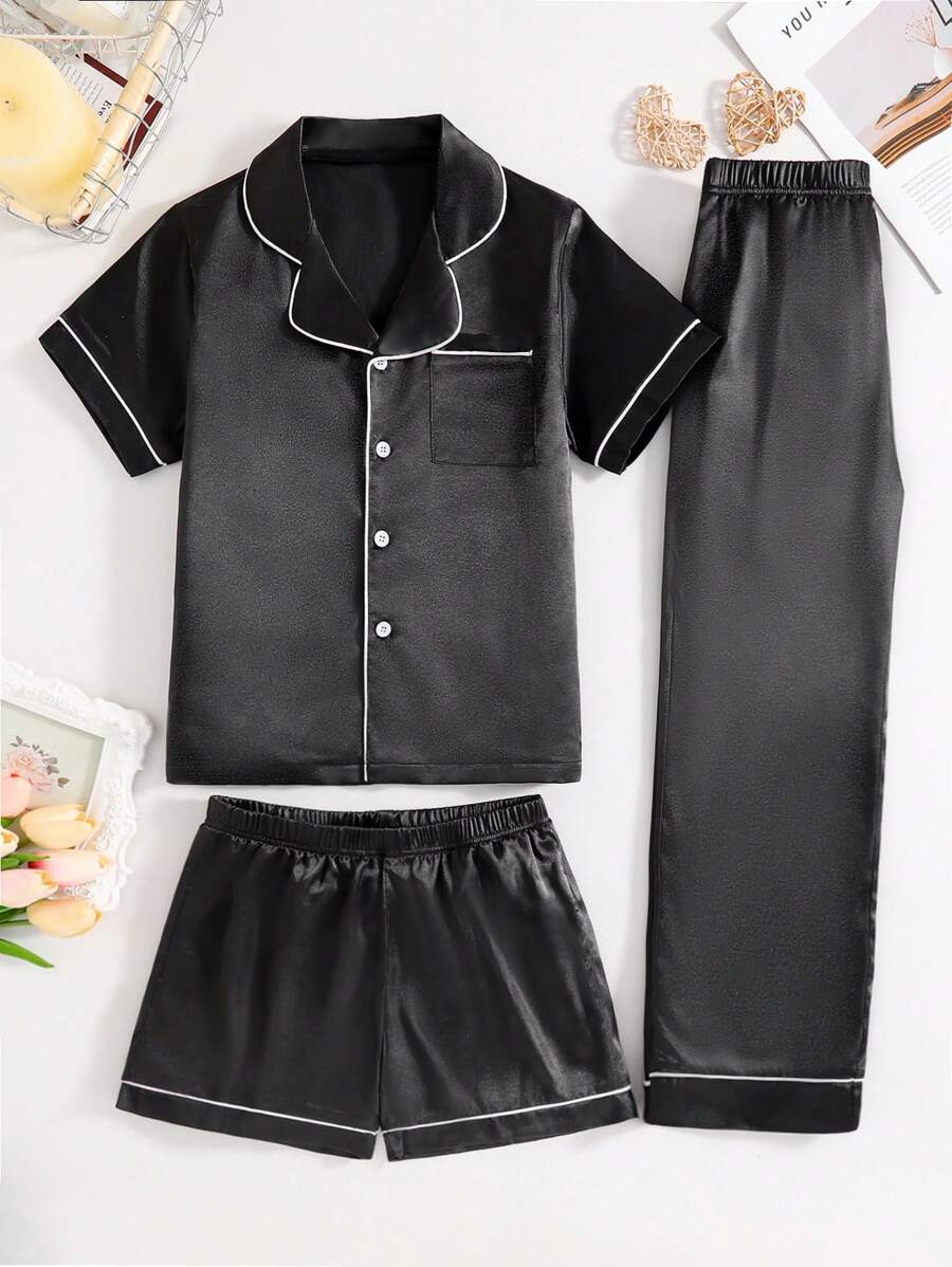 女童纯色缎面睡衣套装 3 件套 - 奢华短袖纽扣上衣和黑色短裤+长裤套装 - 柔软睡衣和休闲装，营造舒适百搭的外观，适合春季、夏季和秋季穿着