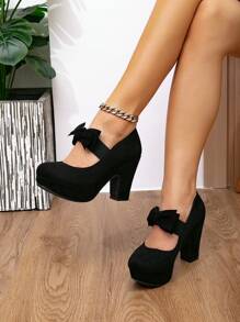 Tacones gruesos cerrados de mujer de tacón bajo, zapatos de trabajo de punta redonda, zapatos Mary Jane con lazo, zapatos formales cómodos de mujer, regalo de Navidad. Se recomienda pedir una talla menos. - Negro - Ver 3