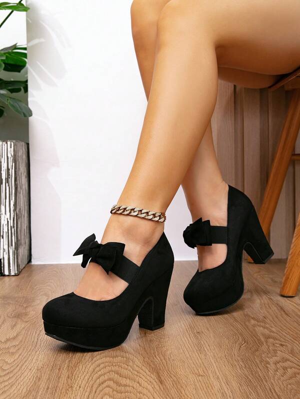 Zapatos de tacón grueso negro cerrados de punta redonda para mujer, zapatos de trabajo de tacón alto bajo, zapatos de Mary Jane con moño, zapatos formales cómodos para damas