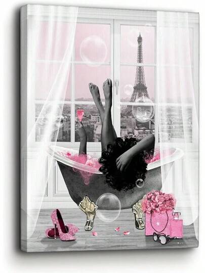 1pc African American Wall Art Girl In Bathtub Canvas Wall Art Wrapped Canvas Prints Modern African Women Pink Bathroom Wall Decor Fashion Pictures Framed Artwork For Bathroom Living Room 8X10inch(Framed Wrapped Canvas)