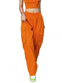 Women's Casual Pants, Elastic Waist Solid Color Straight Leg Pocketed Loose Cargo Trousers - 橘色 - 查看 2