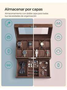 SONGMICS Cajas y organizadores de relojes para volver al almacenamiento de dormitorios escolares, Regalo de Navidad - Marrón - Ver 3