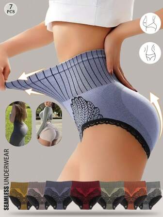 7Pcs Seamless Lace Briefs High Waist Panties Set Women's Multicolor Flat Belly Sheathing Panty Soft Skin Friendly Comfortable Briefs Female Underwear