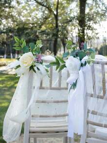 12/6PCS Wedding Aisle Chair Decorations Pew Flowers, Rose Floral Wedding Chair Back Flowers With Leaves And Ribbons,  Chair Bench Pew Flowers For Wedding Ceremony Decor - 黃色 - 查看 3