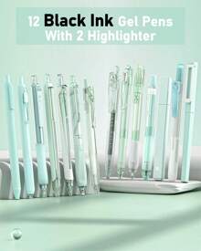Bộ 14 bút mực gel Pastel, bút đầu nhọn 0,5mm dễ thương có thể thu vào, bút thẩm mỹ ghi chú, bộ 12 bút mực đen kèm 2 bút dạ quang, bút viết trơn cho trường học, văn phòng trở lại trường học - màu xanh lá - Xem 2