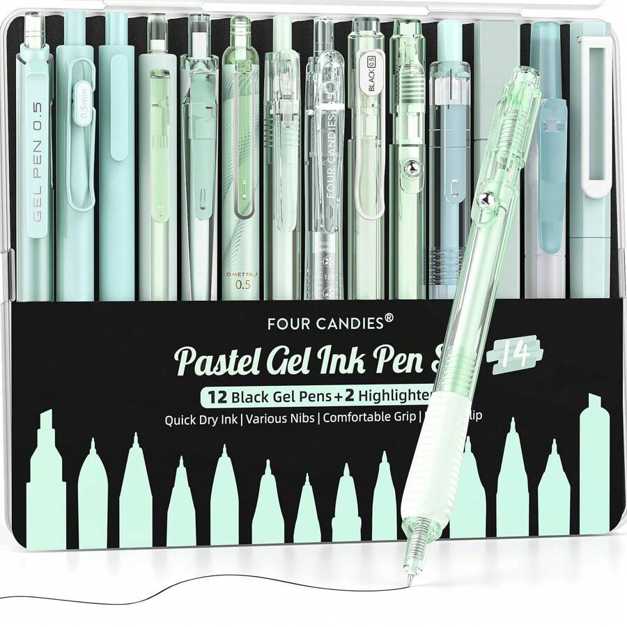 Bộ 14 bút mực gel Pastel, bút đầu nhọn 0,5mm dễ thương có thể thu vào, bút thẩm mỹ ghi chú, bộ 12 bút mực đen kèm 2 bút dạ quang, bút viết trơn cho trường học, văn phòng trở lại trường học - màu xanh lá - Xem 1