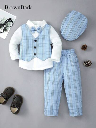 BrownBark 4pcs Young Boys Formal Gentleman Outfit Set - Bow Tie Decor Long Sleeve Shirt & Pants & Vest & Hat, Boys Suit For Birthday Party, Ceremony, Wedding, Christening, Fits Regular Silhouette