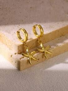 1 Pair Cute Starfish Earrings, Women's 18K Gold Plated Stainless Steel Earrings, Hypoallergenic Jewelry, Christmas Gift - Yellow Gold - View 6