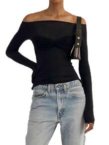Womens Off Shoulder Tops, Long Sleeve Ruched Bust Solid Color Slim Fit T-Shirts - Black - View 3
