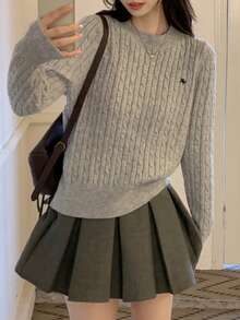 女士优雅纹理圆领毛衣，长袖刺绣套头衫