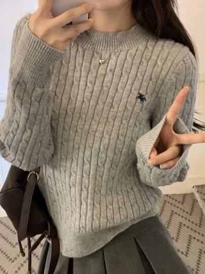 韩版优雅纹理圆领毛衣女款，长袖刺绣套头衫，长袖上衣