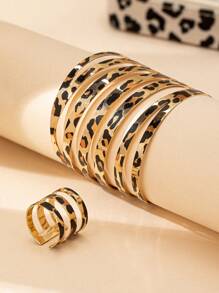 1pc Geometric Hollow Striped Leopard Print Bracelet And 1pc Hollow Striped Leopard Print Ring, Vintage Exaggerated Open Bangle And Ring Set For Women - Multicolor - View 6