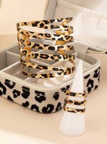 1pc Geometric Hollow Striped Leopard Print Bracelet And 1pc Hollow Striped Leopard Print Ring, Vintage Exaggerated Open Bangle And Ring Set For Women - Multicolor - View 2