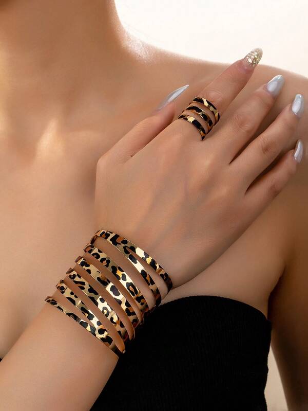 1 Peça Pulseira Geométrica Oca com Estampa de Leopardo Listrada e 1 Peça Anel com Estampa de Leopardo Listrada, Conjunto de Bracelete e Anel Abertos Exagerados Vintage para Mulheres