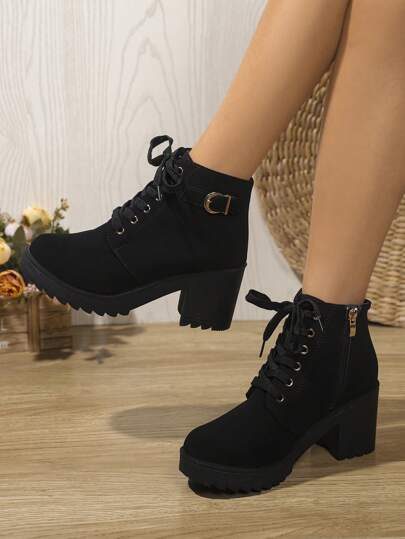 Women's Buckle Decor Six-Hole Copper-Plated Anti-Rust Serrated Sole Casual Shoes, Korean Fashion Wide Strap, High Heel Thick Platform Round Toe Lace Up Short Boots, Versatile For Spring/Summer/Autumn