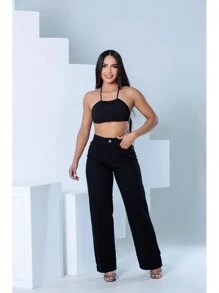 Wide Leg Jeans Preta Lisa Sem Rasgos Denim Moda Fashion Blogueiras
