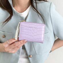 Women's Fashionable Crocodile Embossed Faux Pearl Chain Folding Coin Minimalist Korean Style Handheld Wallet Pink Wristlet Keychain Wallet Gifts Valentines For Women Wallet Purse Wallet Small Wallet