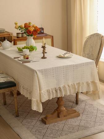 1 pieza Mantel elegante con diseño geométrico minimalista francés con borde de encaje reforzado, mantel decorativo para festividades