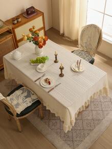 1pc Elegant French Minimalist Geometric Pattern Thickened Lace Edged Table Cloth, Decorative Tablecloth For Festivals - 米色 - 查看 7