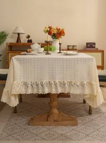 1pc Elegant French Minimalist Geometric Pattern Thickened Lace Edged Table Cloth, Decorative Tablecloth For Festivals - 米色 - 查看 11