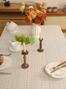 1pc Elegant French Minimalist Geometric Pattern Thickened Lace Edged Table Cloth, Decorative Tablecloth For Festivals - 米色 - 查看 5