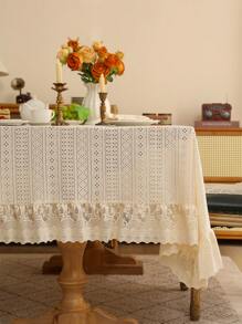 1pc Elegant French Minimalist Geometric Pattern Thickened Lace Edged Table Cloth, Decorative Tablecloth For Festivals - 米色 - 查看 10