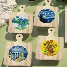 4 件/套人造钻石画杯垫，DIY 水晶超闪亮钻石画木制杯垫，带木柄，花卉和卡通图案，适用于成人办公室、咖啡垫、家用杯垫、手工艺礼物、圣诞节节日礼物 - 彩色 - 查看 3