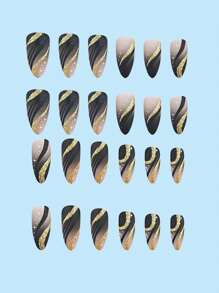 新款秋冬中短款杏仁形法式条纹黑色渐变哑光 24 片可重复使用假指甲片，适合女士和女孩作为节日、派对、节日礼物，含 1 个指甲锉和 1 个凝胶按压指甲美甲用品 - 彩色 - 查看 4