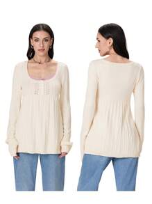 Women Autumn Knitted Tops Solid Color Long Sleeve Button Square Neck Tunic Blouse Sweaters - White - View 3