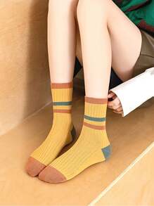 5 Pairs Solid Color Patchwork Minimalist Knee-High Socks, Casual Daily Wear