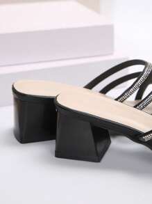 Black Square Toe Rhinestone Decor Stiletto High Heel Sandals, Fairy Style, For Summer & Autumn Valentines
