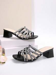Black Square Toe Rhinestone Decor Stiletto High Heel Sandals, Fairy Style, For Summer & Autumn Valentines