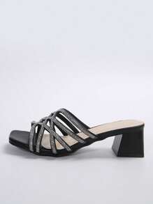 Black Square Toe Rhinestone Decor Stiletto High Heel Sandals, Fairy Style, For Summer & Autumn Valentines