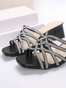 Black Square Toe Rhinestone Decor Stiletto High Heel Sandals, Fairy Style, For Summer & Autumn Valentines