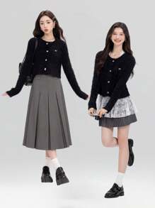 女士时尚短款保暖蝴蝶结多功能圆领长袖毛衣开衫针织外套秋冬街头潮流 - 黑色 - 查看 4