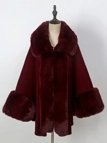 1 件大码女式蓬松领纯色斗篷开衫外套，舒适优雅